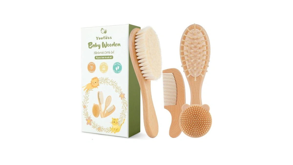Yoofoss 4 Piece Baby Brush And Comb Set, Wooden Baby