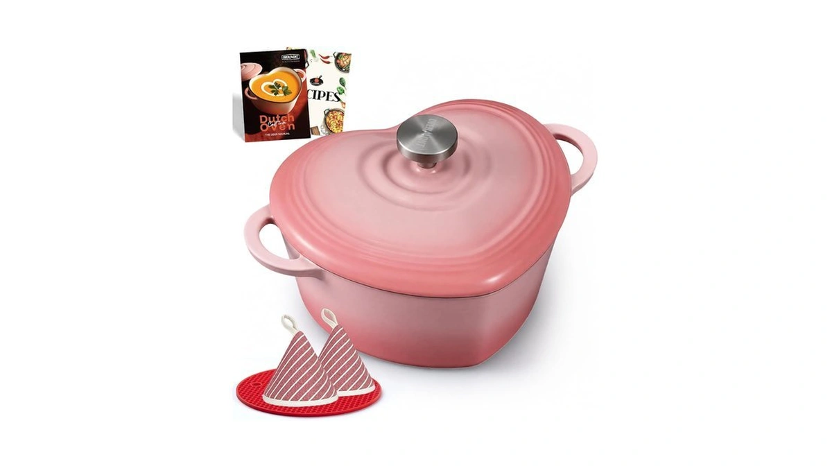 Overmont Enameled Cast Iron Dutch Oven - 2qt Pink Heart-shaped