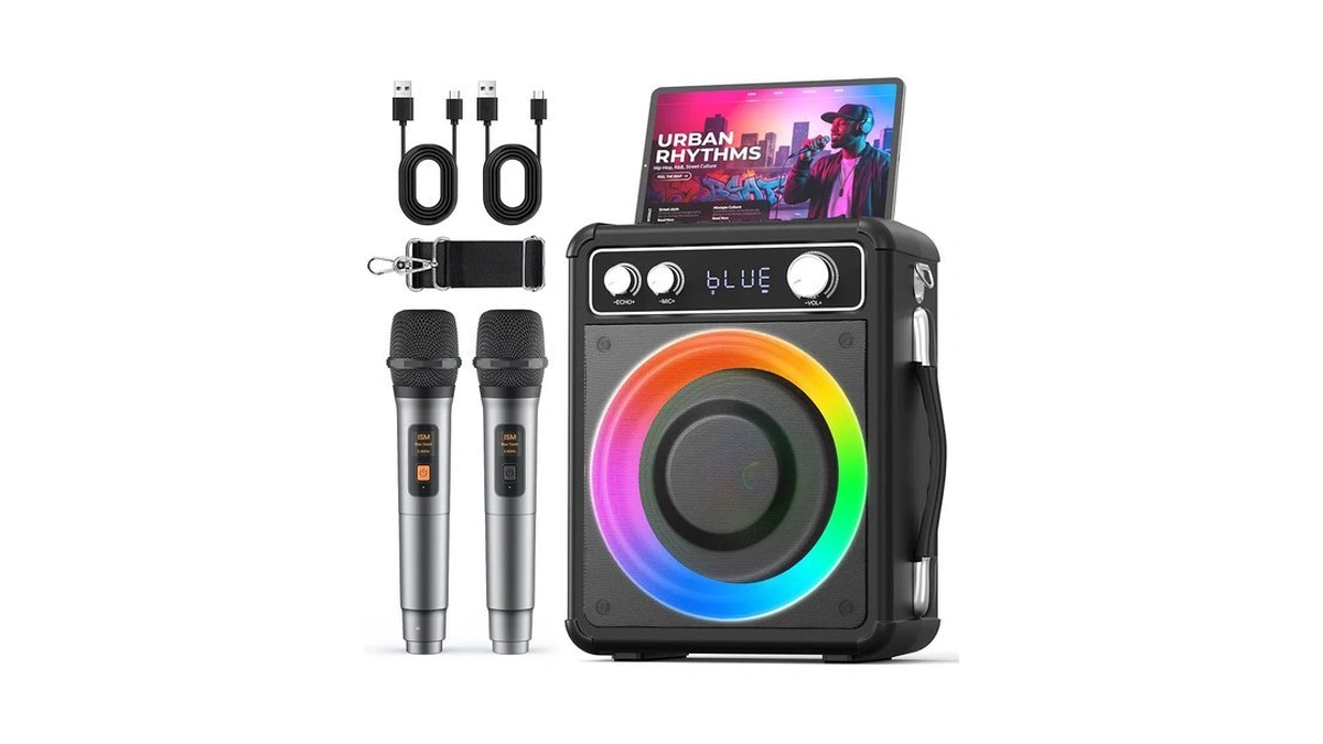 Vosoco Karaoke Machine, Bluetooth Speaker With 2 Wireless Mics For