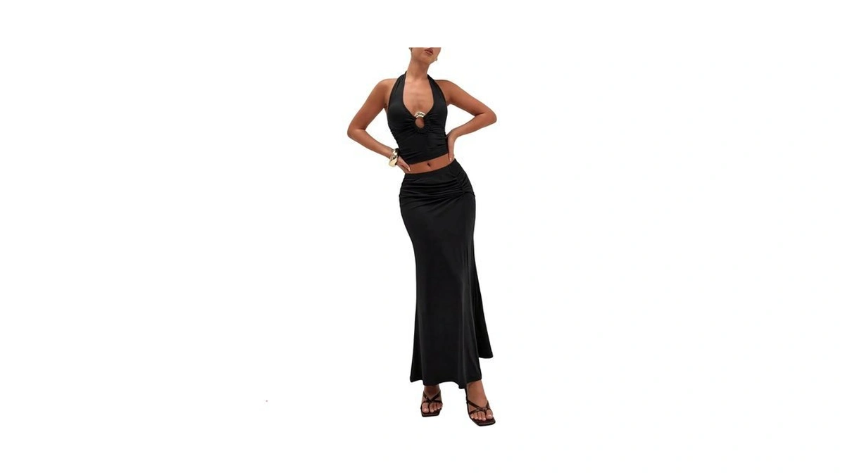 Gorglitter Women's 2 Piece Outfits Deep V Halter Crop Tops