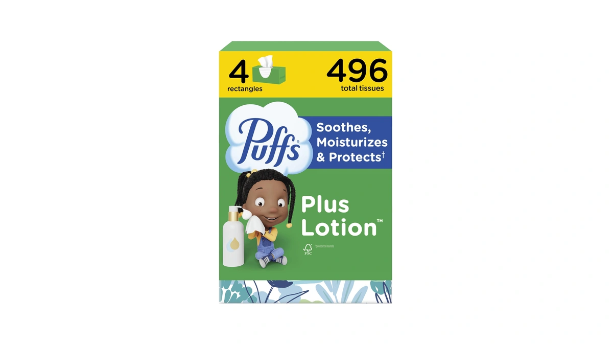 Puffs Facial Tissues Plus Lotion, 4 Family Boxes, 124 Facial