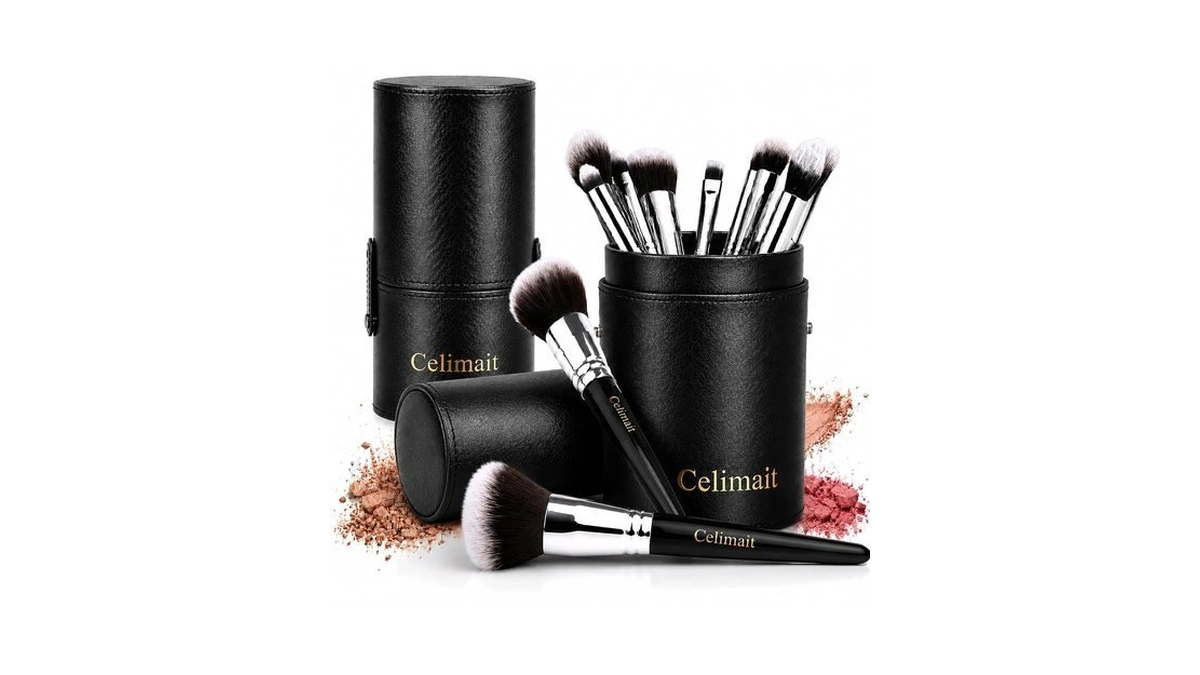 Makeup Brush Set With Case, Synthetic Bristles, Wood Handle, 12