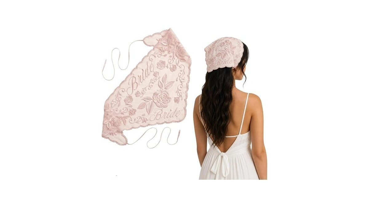 Calantre Bride Lace Headscarf - Pink Embroidered Tulle Head Scarf
