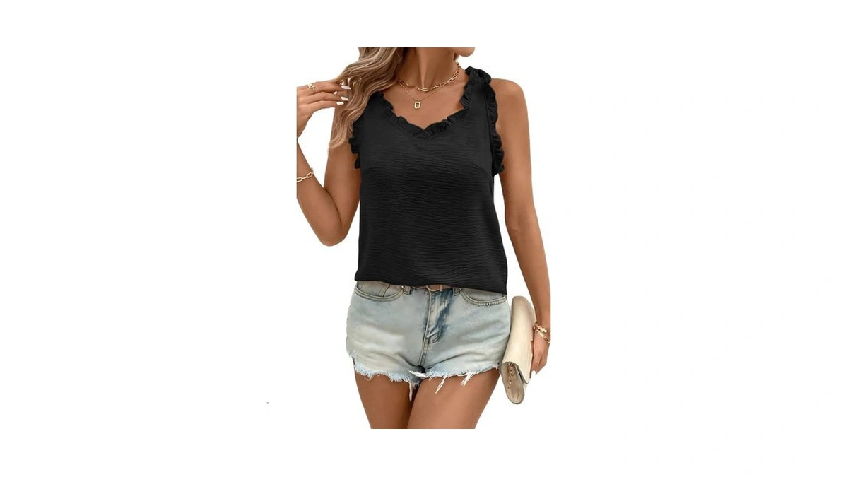 Chicyoo Womens V Neck Sleeveless Tank Tops, Ruffle Summer Casual