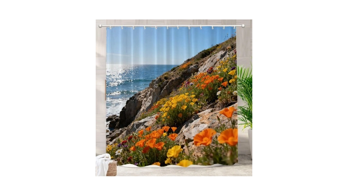 Batmerry Ocean California Decorative Shower Curtain, Poppies Ocean Big California
