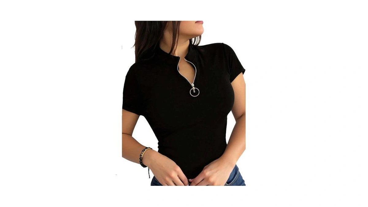 Wdirara Women's Quarter Zip Mock Neck Tee Short Sleeve T