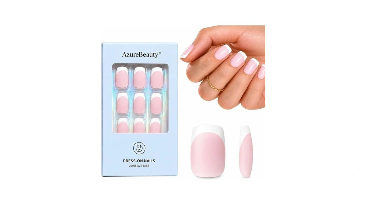 Azurebeauty Short Square Press On Nails, Matte Pink French Tip
