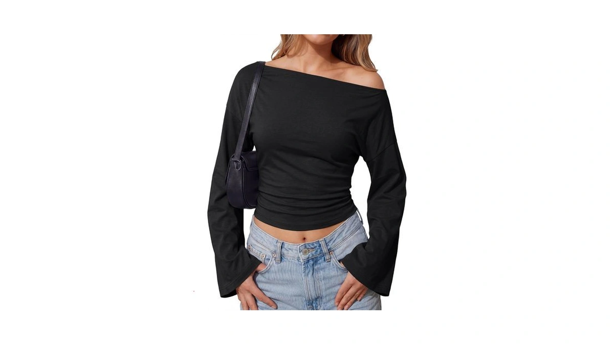 Efan Womens Off The Shoulder Bell Sleeve Cinched Waist Ruched