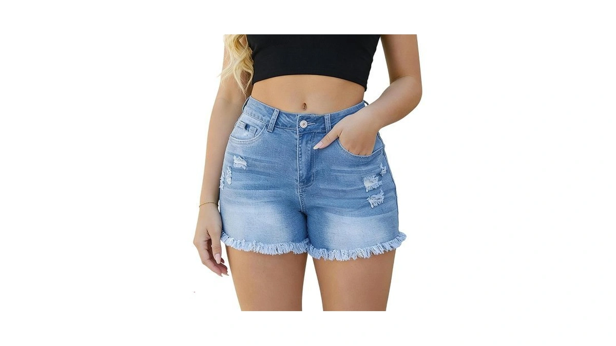 Prettyqueen Women High Waist Stretch Ripped Denim Shorts With 5
