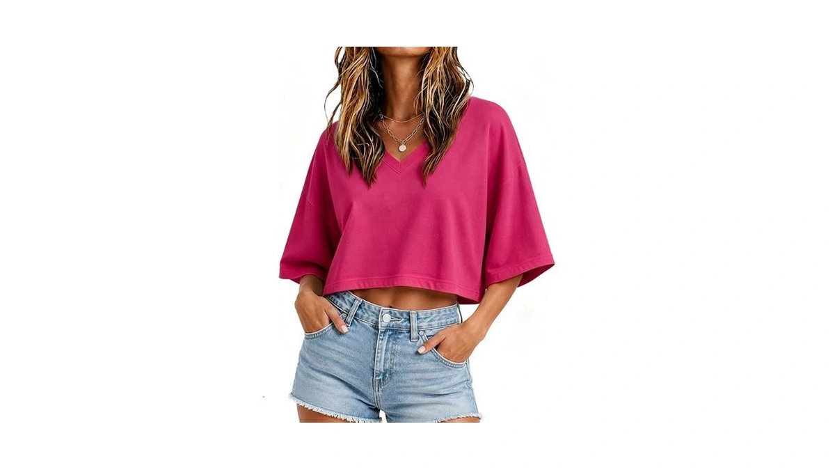 Joywayco Women's V Neck Cropped T Shirt Drop Shoulder Loose