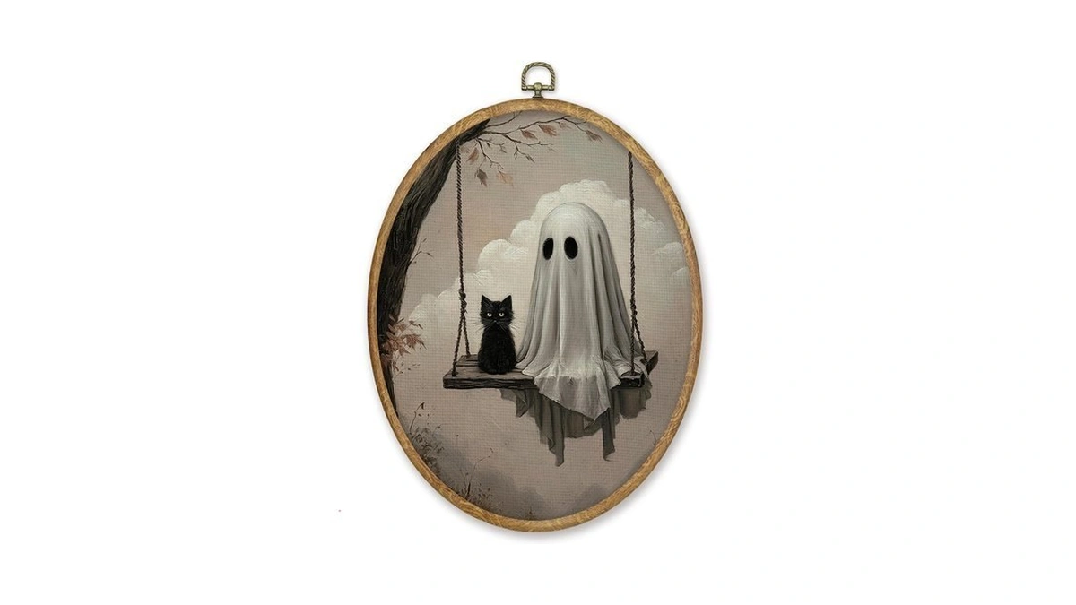 Cgbhw Halloween Swing Ghost Black Cat Oval Wall Art Prints