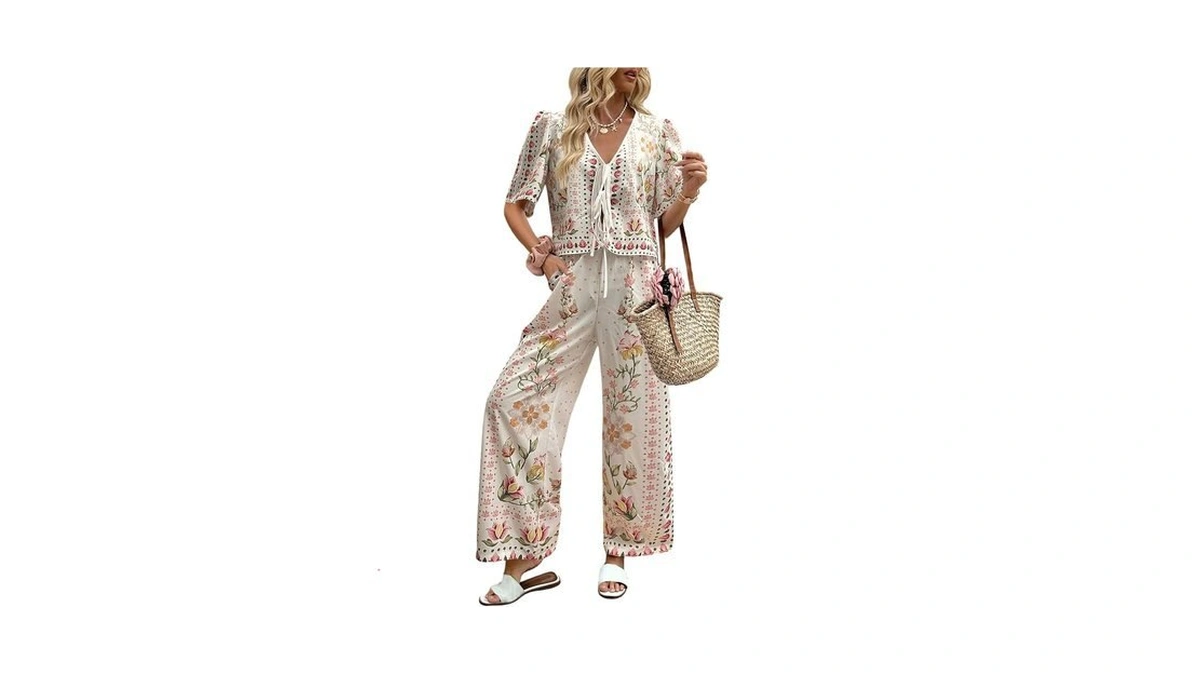 Makemechic Women's 2 Piece Vacation Outfit Floral Pants Set