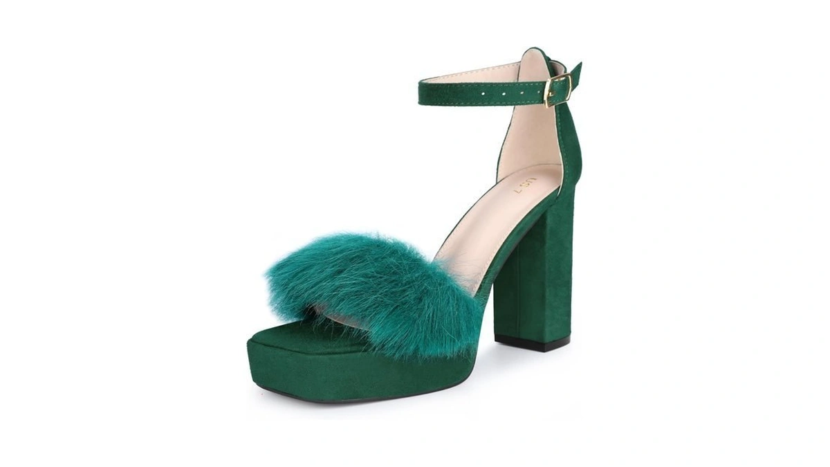 Allegra K Women Faux Fur Square Toe Platform Chunky Heels
