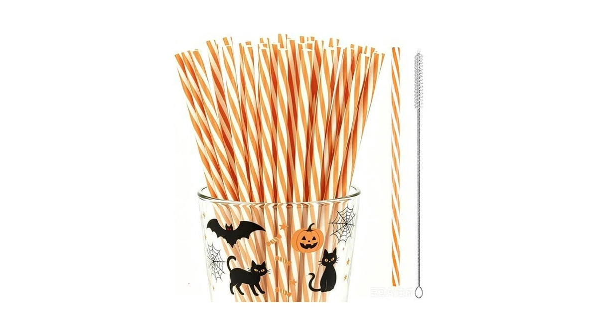 50 Reusable Orange Striped Straws For Halloween Thanksgiving Party Supplies