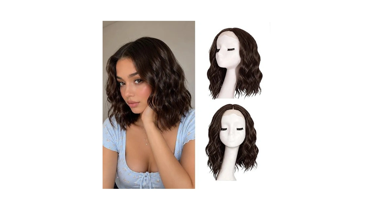 Dark Brown Short Wavy Wigs For Women 14inch Middle Part