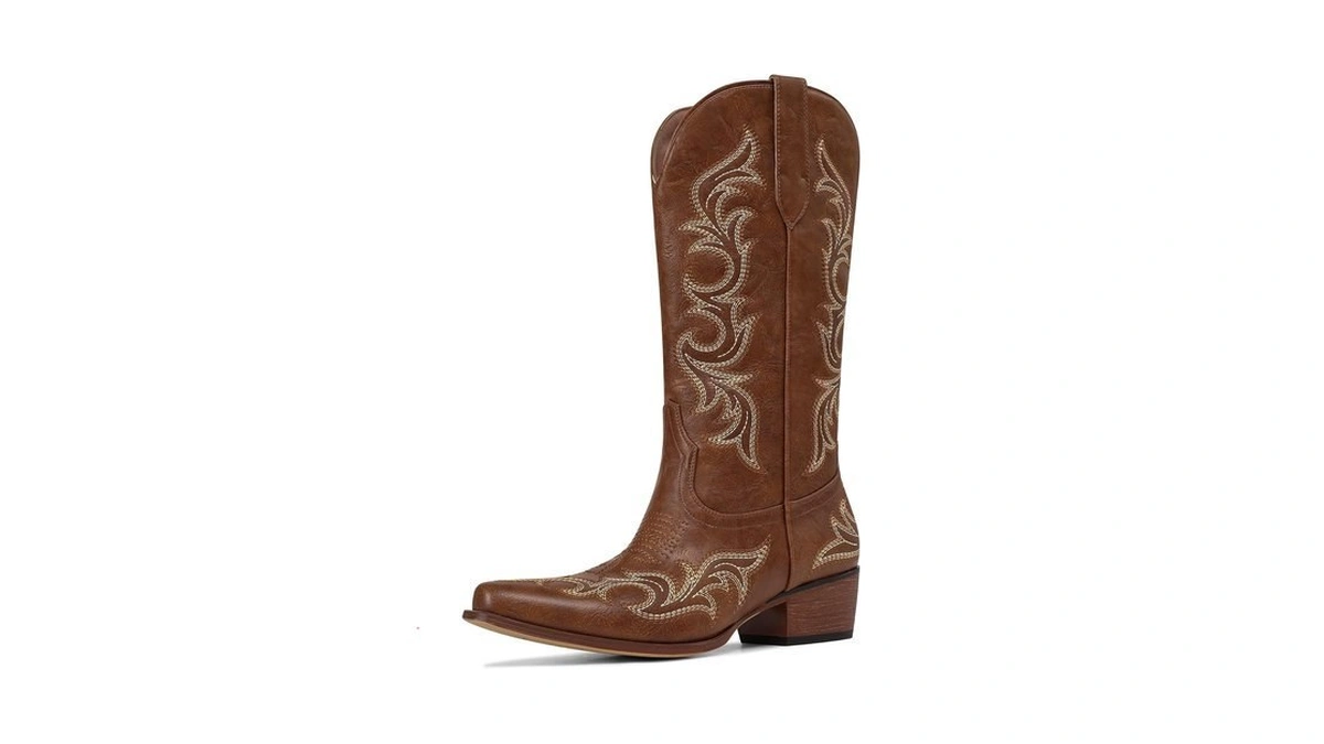 Ouepiano Brown Cowboy Boots For Women Cowgirl Boots Mid Calf,