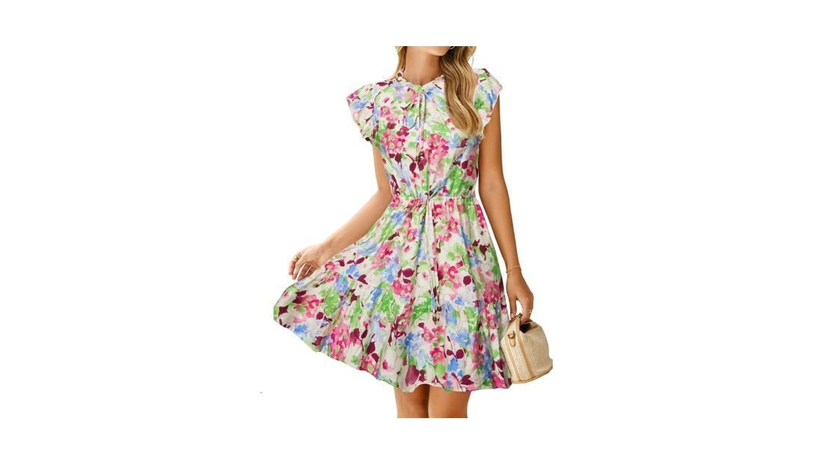 Simplee Womens Summer Dress 2026 V-neck Drawstring Ruffle Cap Sleeve