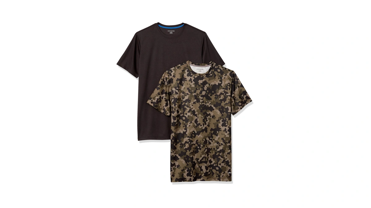 Amazon Essentials Men's 2-pack Performance Pintec T-shirt, Olive Geo Camo/black,