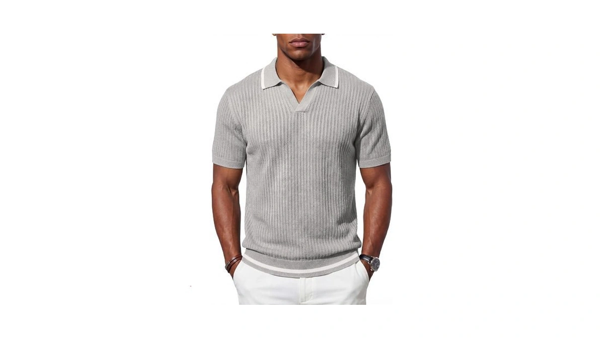 Bogari Men's Knit Polo Shirts Short Sleeve Textured Knit V