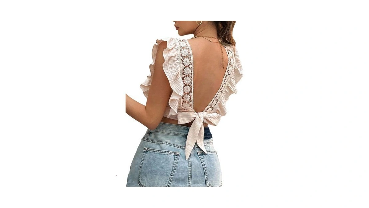 Roseseek Women's Ruffle Trim Floral Embroidery Blouses Tie Back Crop