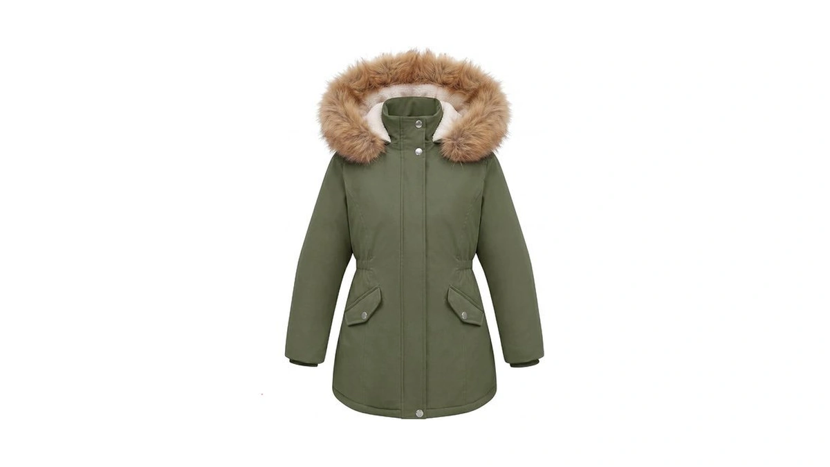 Uikue Girls' Winter Coat Water-repellent Faux Fur Collar Mid-length Jacket