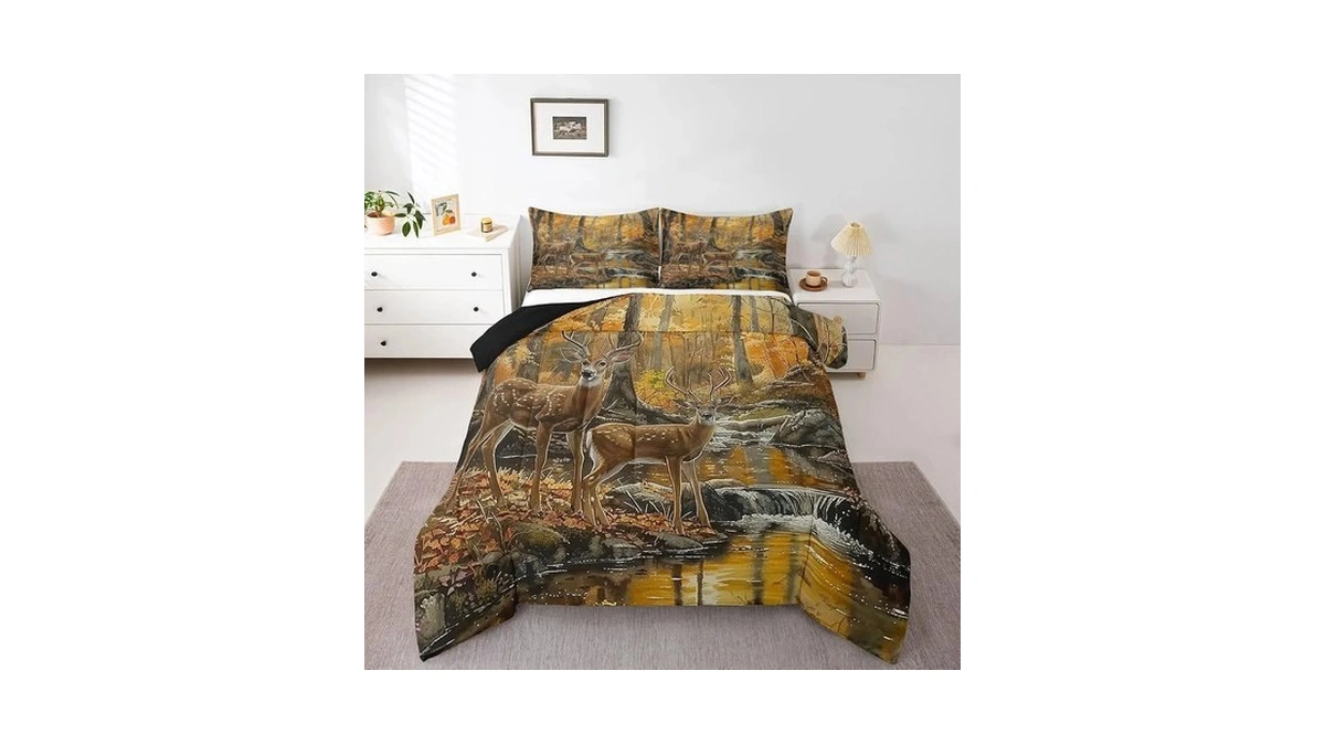 Jejeloiu Cute Deer Comforter Set Deer Hunting Bedding Set Queen