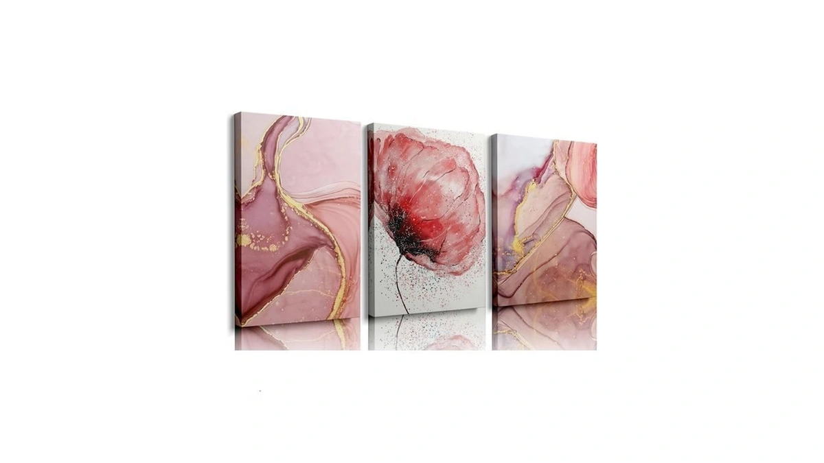 Bvveykxx Abstract Pink Floral Canvas Wall Art, Pink Gold Flower