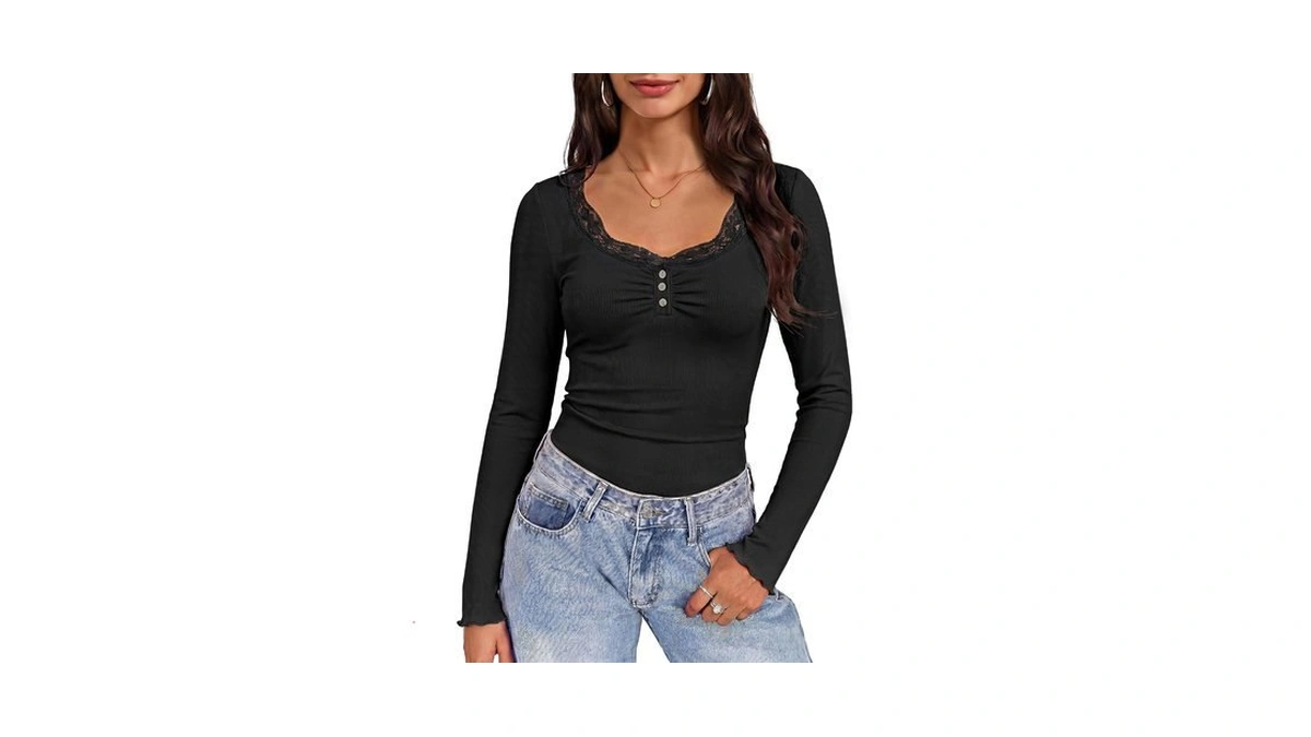 Womens Lace Henley Long Sleeve Shirts Ribbed Slim Fit Fall