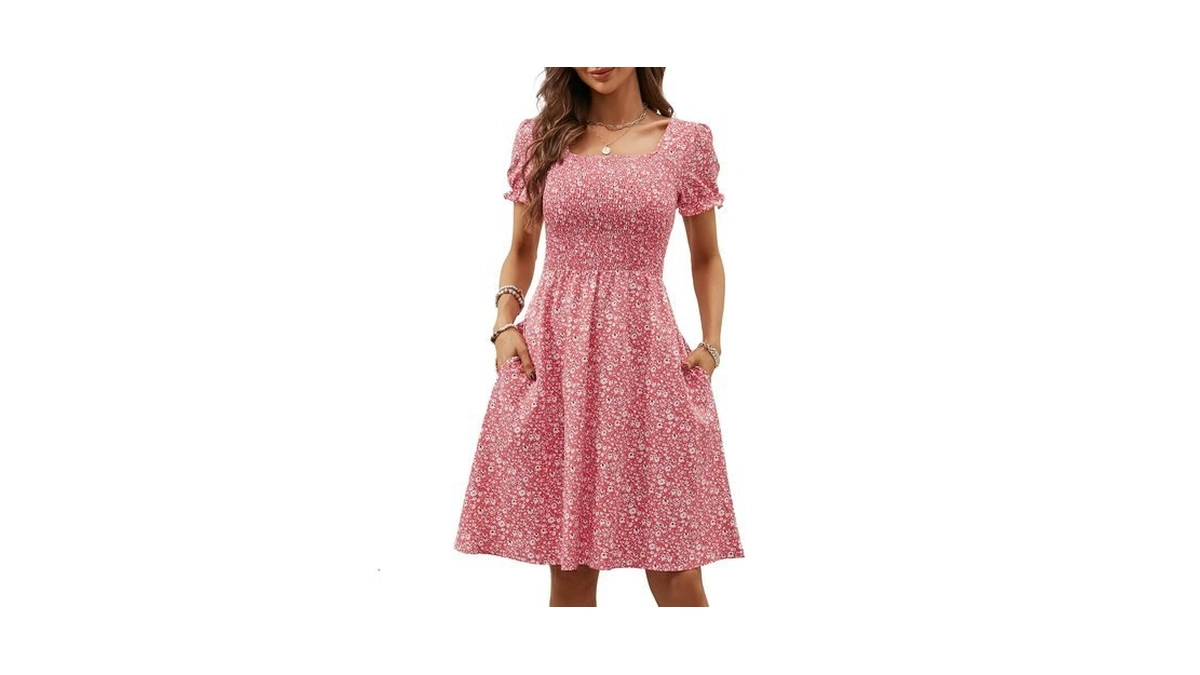 Berydress Women's Floral Pink Dress With Sleeves Square Neck Beach