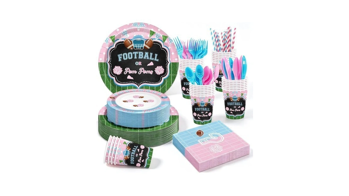 Mehofond 192pcs Football Gender Reveal Disposable Plates And Napkins Cups