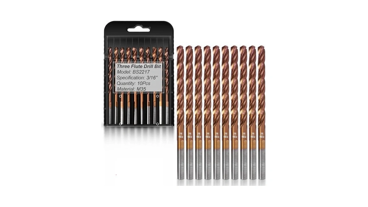 10-piece 3/16" 3-flute Cobalt Drill Bits, M35 Metal Drill Bits