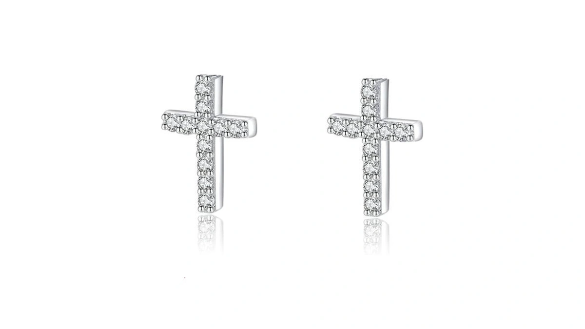 Small Cross Earrings, Tiny Cubic Zirconia Cross Studs Earrings, Simple