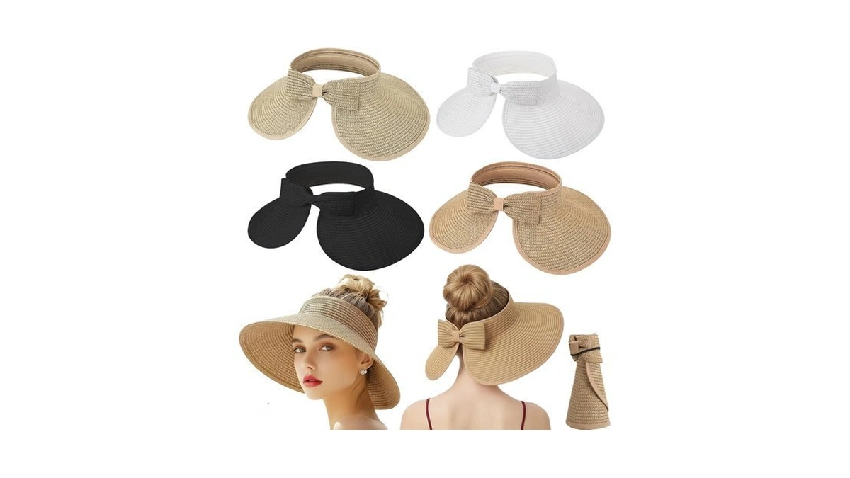 Zhamate 4 Pack Straw Visor Hats Beige Khaki Black White