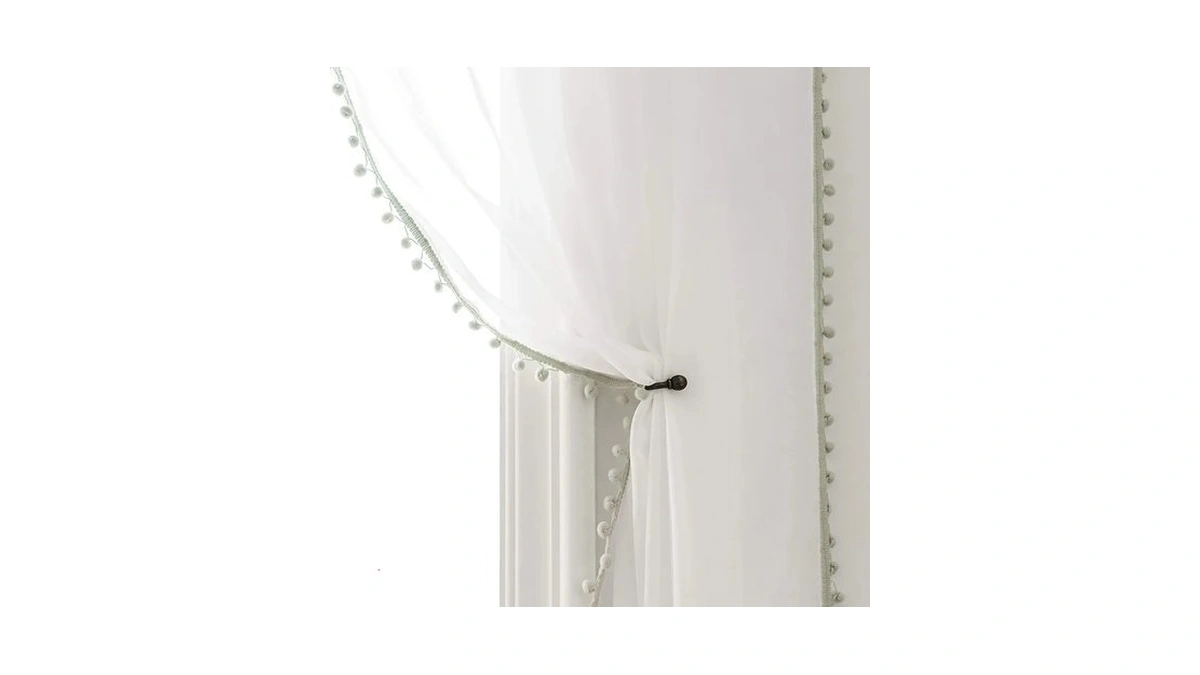 Miss Selectex Linen Look Pom Pom Tasseled Sheer Curtains -