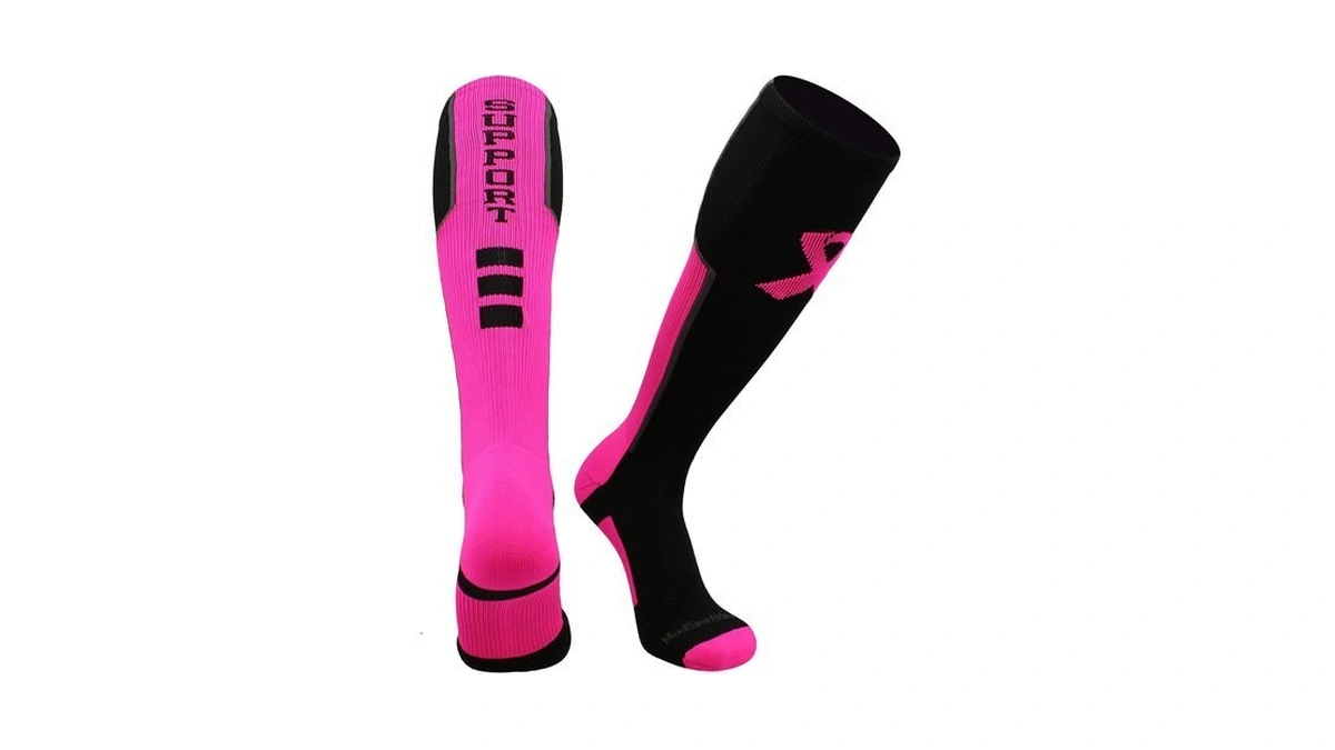 Madsportsstuff Pink Ribbon Breast Cancer Awareness Support Otc Socks (black/neon