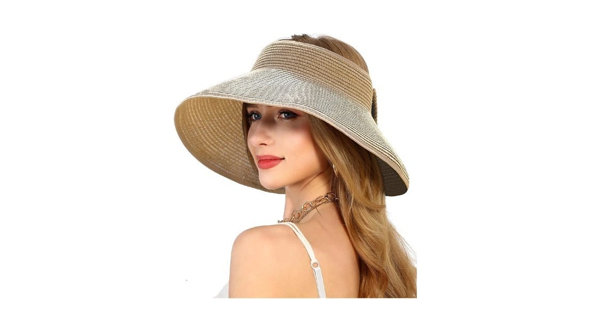 Womens Beach Straw Sun Hats Ponytail Hole Wide Brim Summer