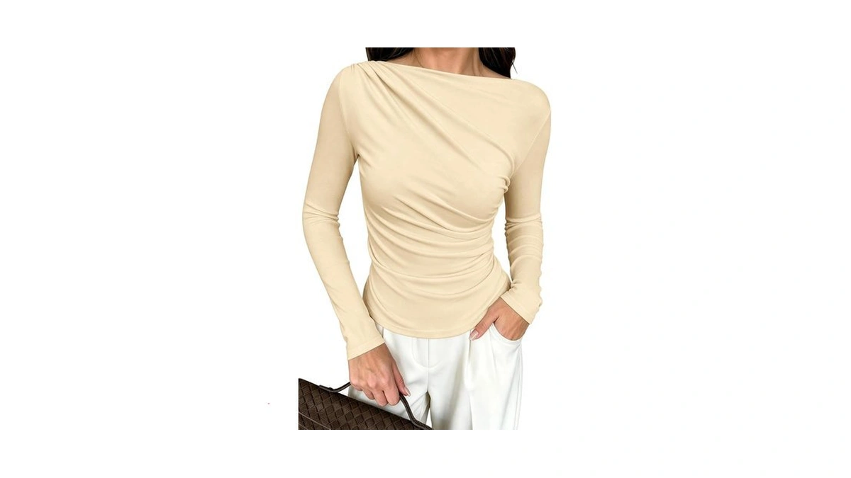 Pinkmstyle Long Sleeve Shirts For Women Ruched Boat Neck Tops
