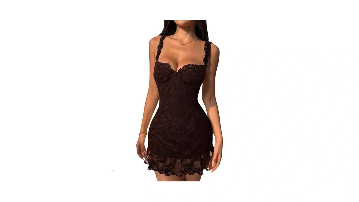 Milumia Women's Lace Ruffle Mini Croset Dress Sheer Sleeveless Bodycon