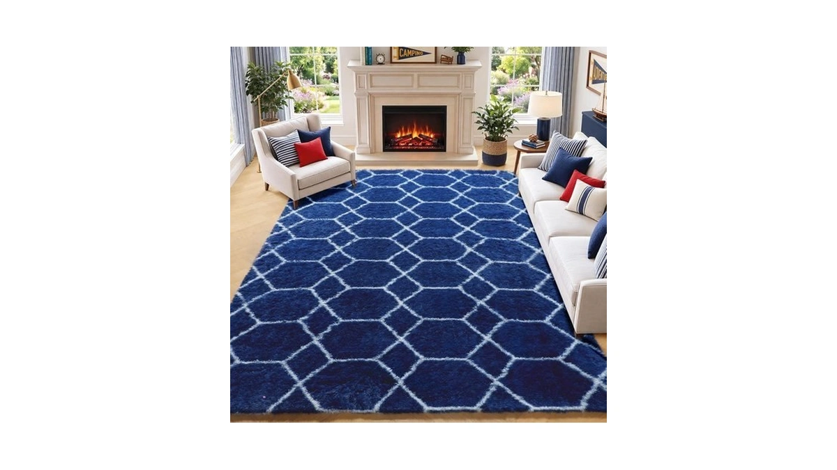 Area Rugs For Living Room, 5x8 Fluffy Navy And White