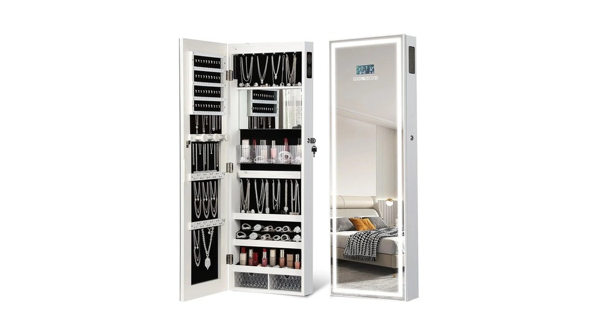 Led Mirror Jewelry Cabinet, Bluetooth Speaker, Full Length Mirror, White