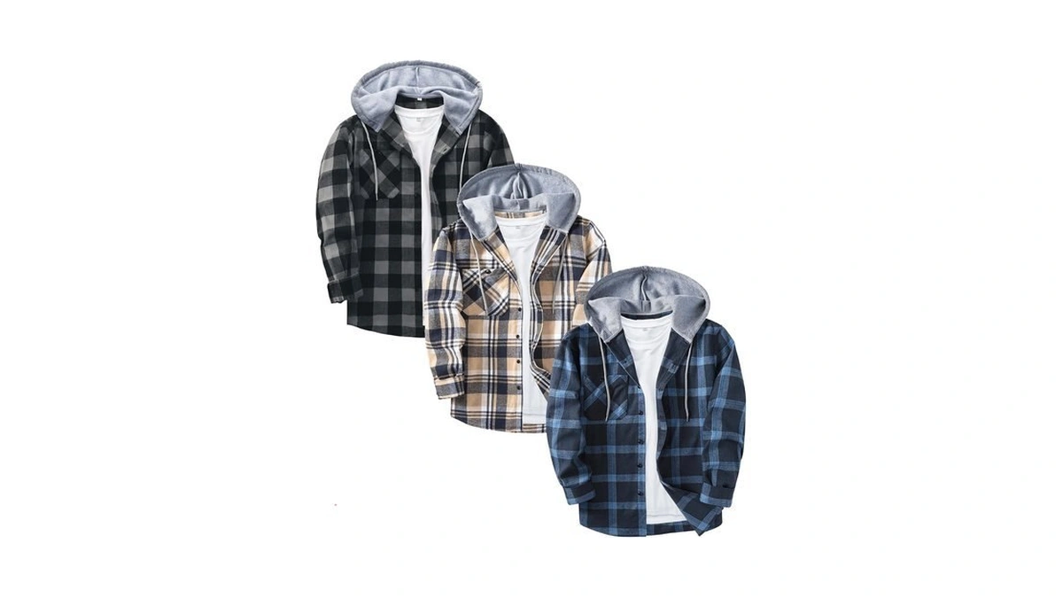 Zity 3 Pack Men's Flannel Hoodie Shirts Long Sleeve Button