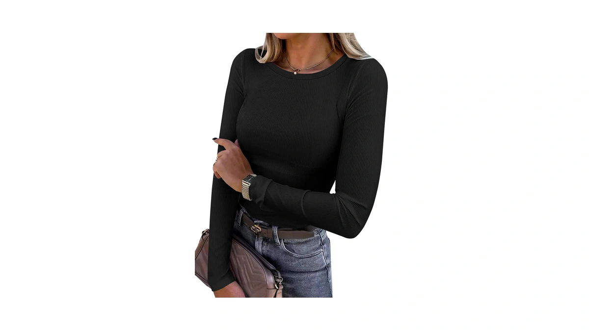 Anrabess Women Long Sleeve Shirts Rib Knit Slim Fit Tops