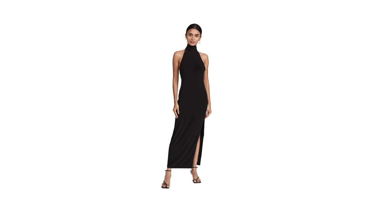 Norma Kamali Women's Halter Turtle Side Slit Gown, Black, L
