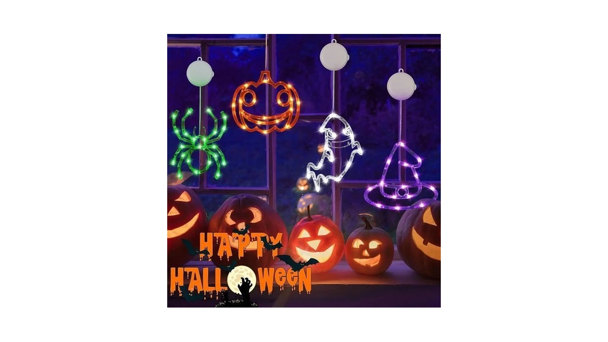 4 Pack Halloween Window Lights, Pumpkin Ghost Spider Witch Hat
