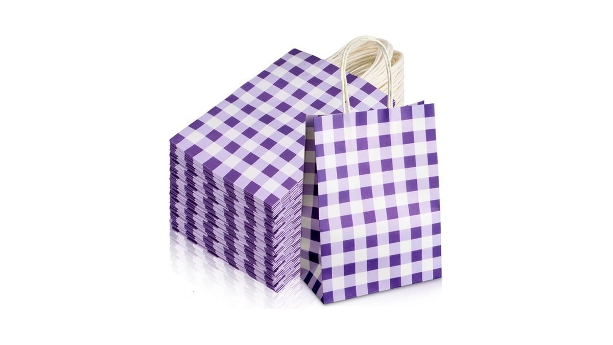 Chinco 30 Pcs Purple White Gingham Paper Gift Bags With