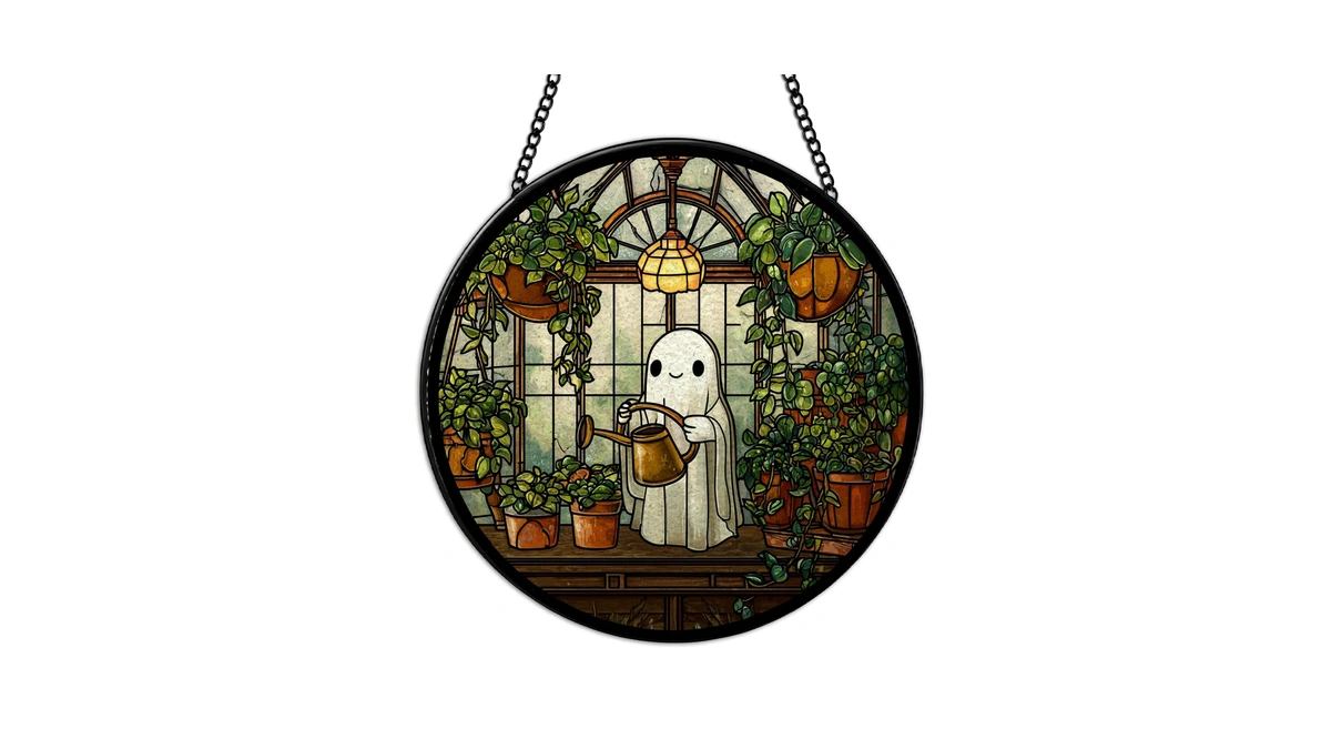 Qzqe Halloween Plant Ghost Suncatchers Stained Glass Window, Cottagecore Cute