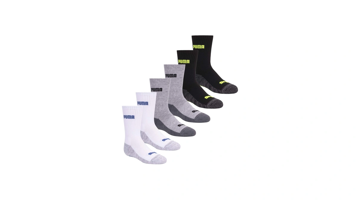 Puma Boys 6 Pack Cut Crew Socks, White/grey/black, 78.5 Us