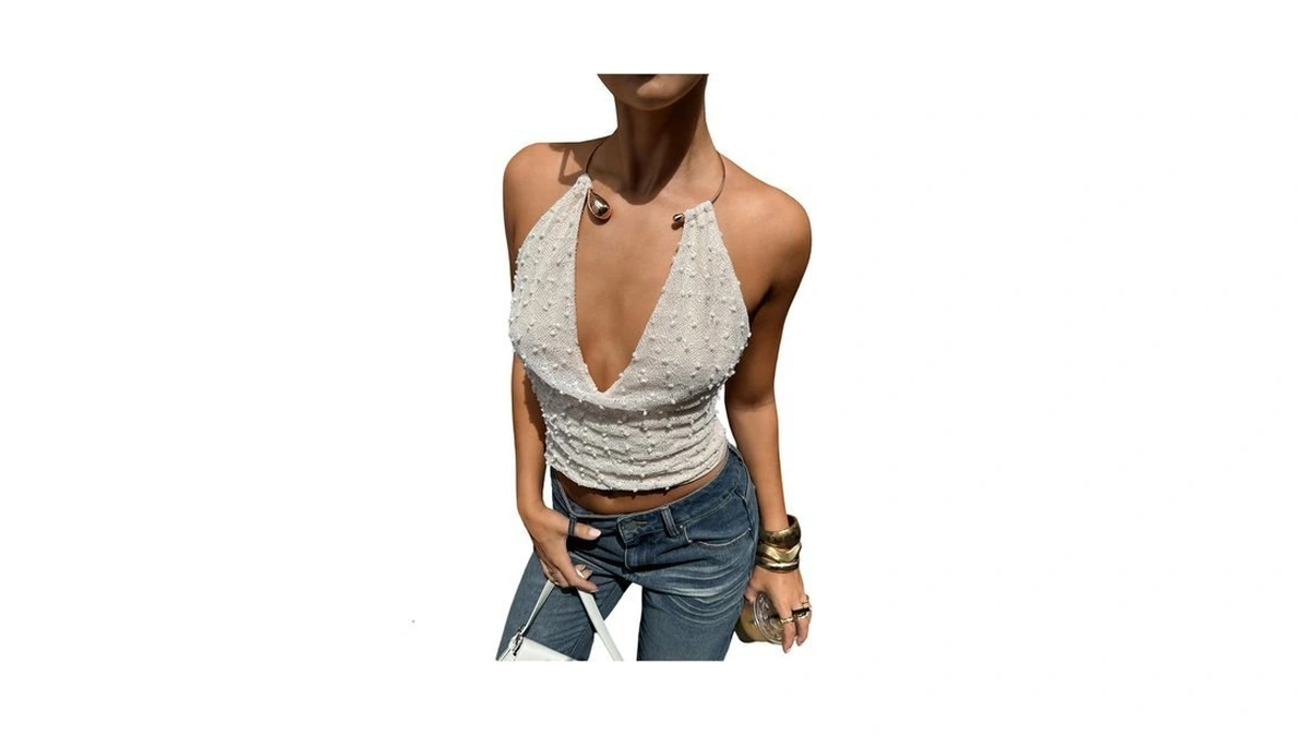 Soly Hux Women's Deep V Neck Halter Ring Crop Top