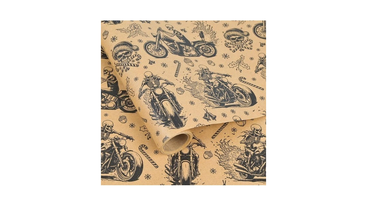 Dlyrroba Gothic Christmas Wrapping Paper Roll - Kraft Skull Motorcycle