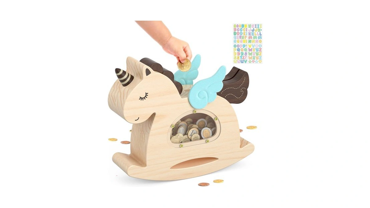 Summidate Unicorn Piggy Bank For Kids Girls, Wooden Coin Saving